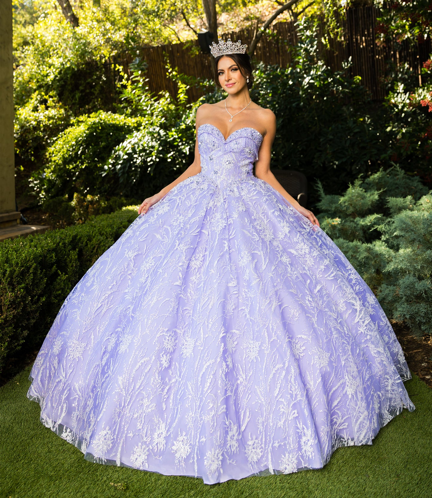 Quinceanera | Lilac Off-Shoulder Rhinestone Beaded Appliqué Glitter Tulle Gown | Juana Dress | 2 Colors Available front view