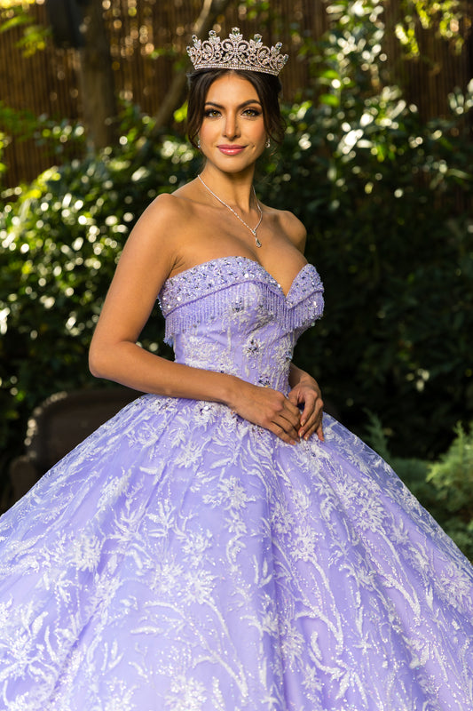 Quinceanera | Lilac Off-Shoulder Rhinestone Beaded Appliqué Glitter Tulle Gown | Juana Dress | 2 Colors Available side front zoom