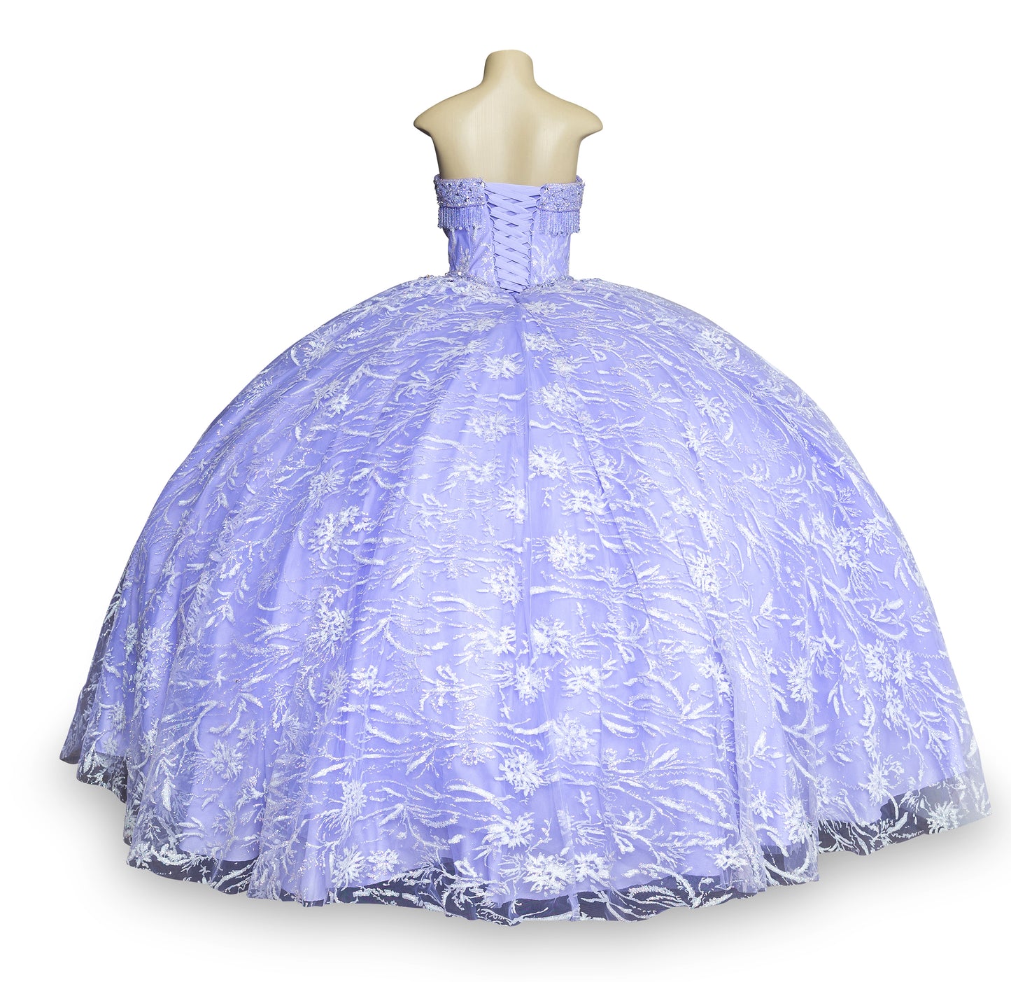 Quinceanera | Lilac Off-Shoulder Rhinestone Beaded Appliqué Glitter Tulle Gown | Juana Dress | 2 Colors Available back