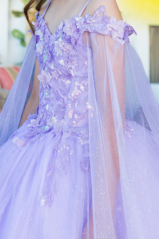 Kid wearing lilac mini quince dress with 3D butterfly applique detachable sleeves glitter tulle skirt