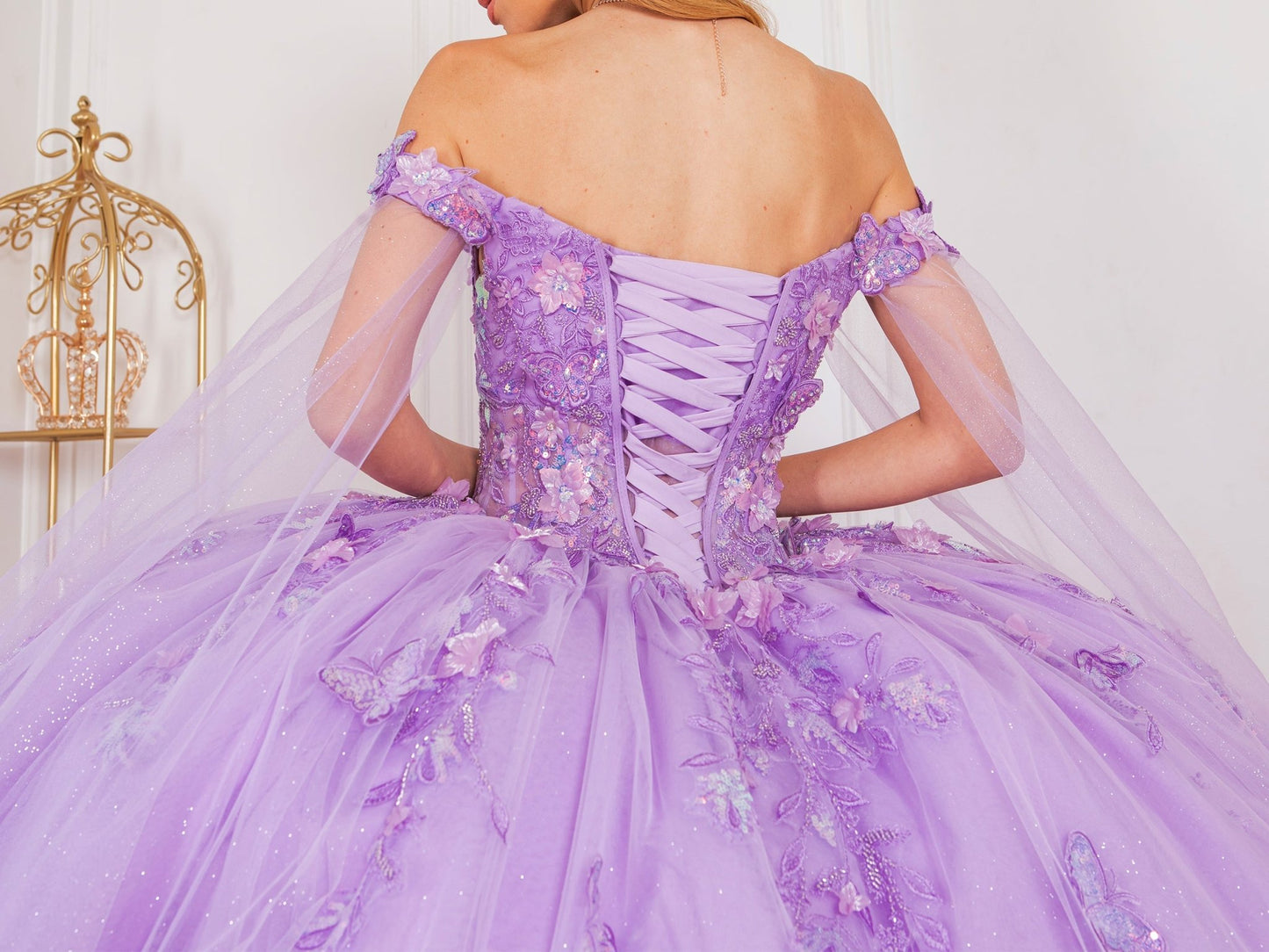 Lilac Quinceañera dress with floral lace-up back, glitter tulle, and butterfly details