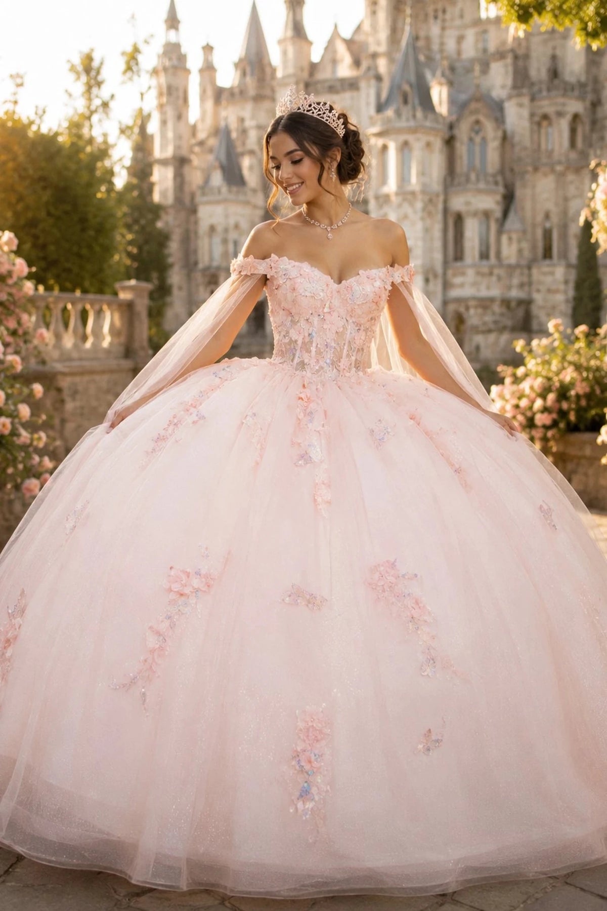 off-the-shoulder pink ball gown with floral applique and sheer veil sleeves