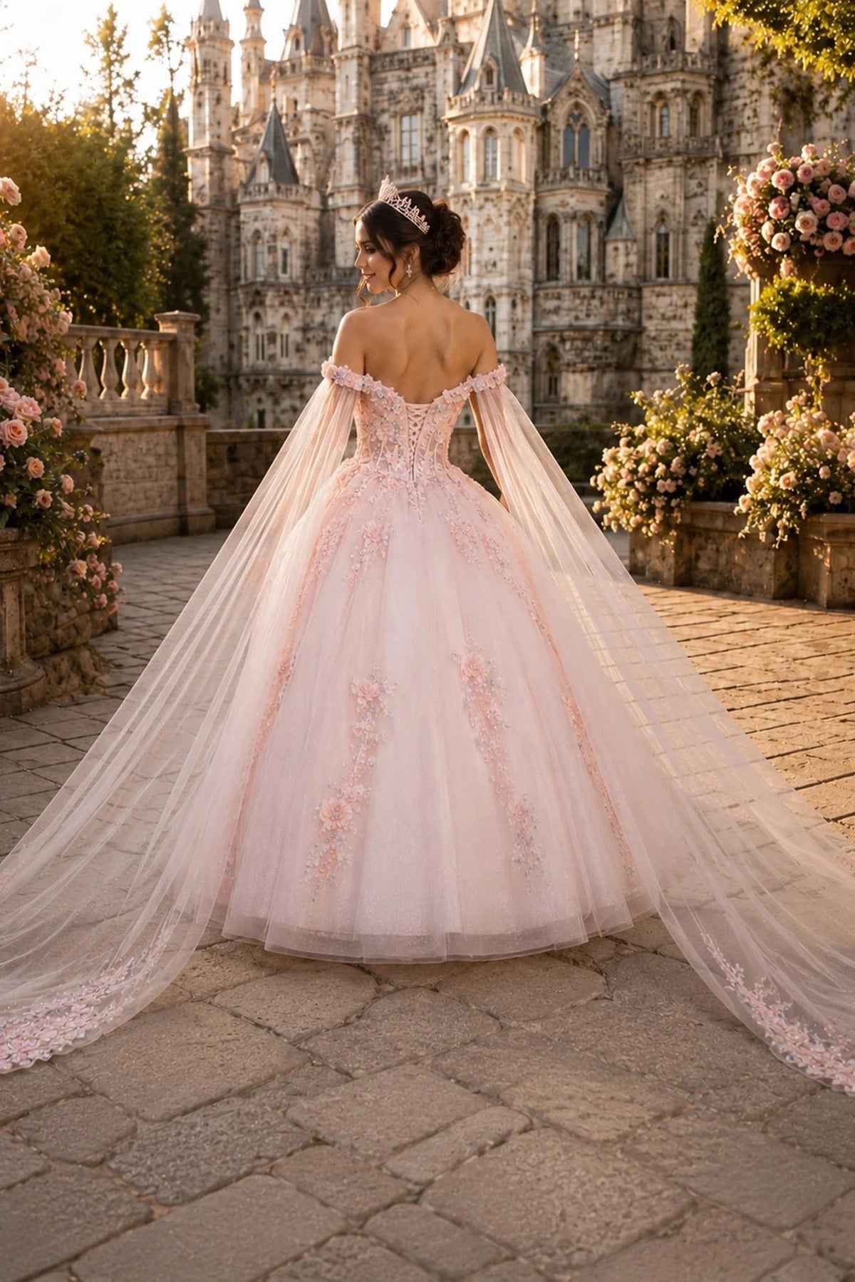 blush pink ball gown with long sheer draped sleeves and a long train The dress has floral embroidery and beading