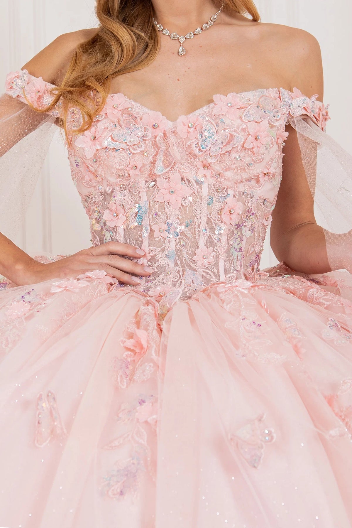 Blush Quinceañera Dress with Sequin Floral and Butterfly Appliques and Detachable Sheer Sleeves