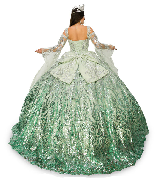 Quinceanera | Sage Crystal beaded Ombre Patterned Sequin Gown with Bell Sleeves, Beautiful Big Bow | Luciana dress back view