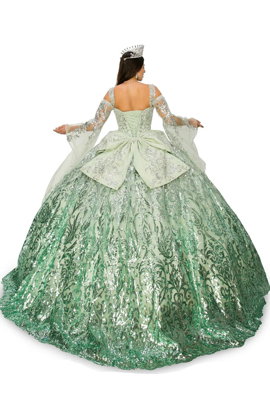 showing the back of the green beaded Ombre Patterned Sequin Gown with Bell Sleeves, Beautiful Big back Bow