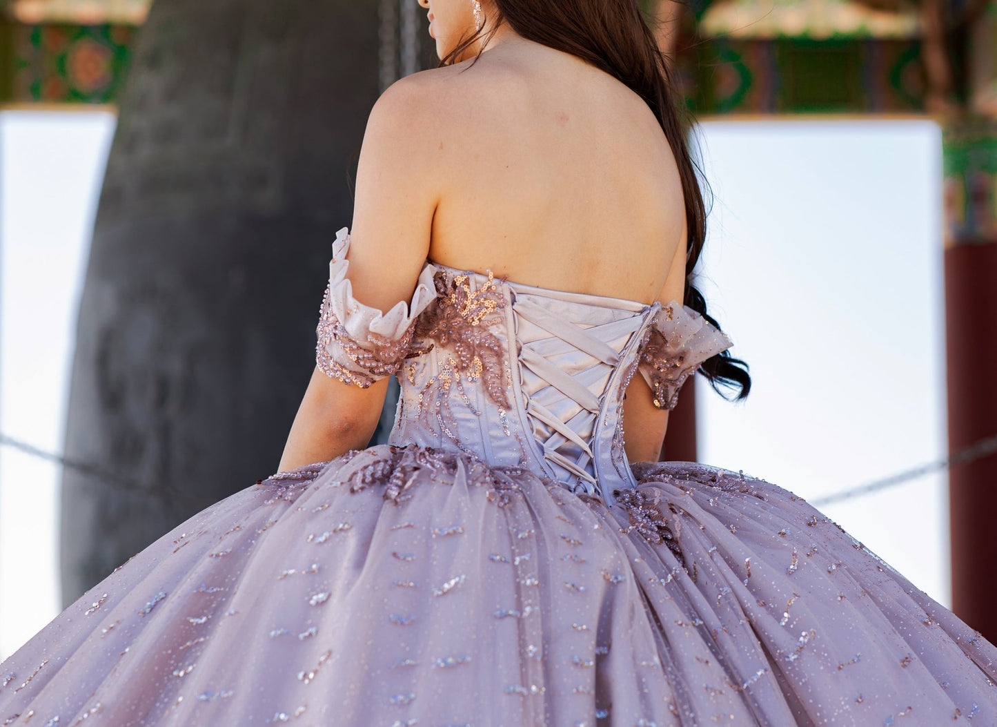 Quinceanera | Mauve Bead-Embroidered & Sequin Appliques Bodice Off-shoulder w/ Multiple Glitter Tulle Ballgown with Train - zoomed in view of back of dress