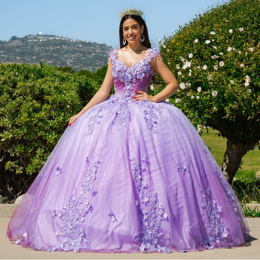 Quinceanera | Lilac Embroidered Lace Appliqué Sheer Corset and Ombre Tulle with Sweep Train Sweet 15 Ballgown | Regina dress front view