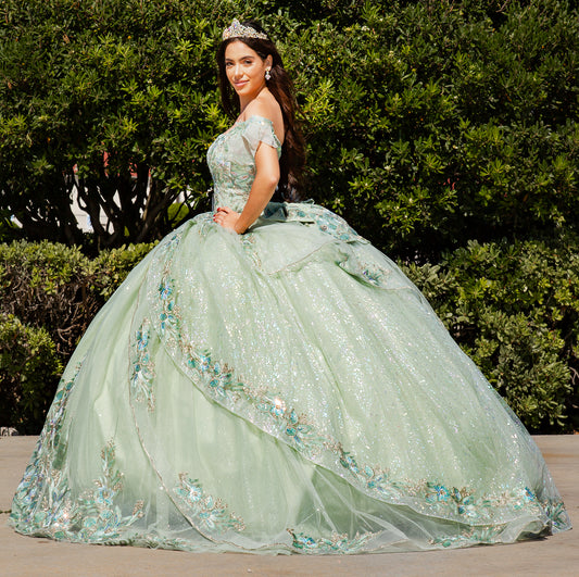 Woman in a green quinceañera dress with floral embroidery standing outdoors.