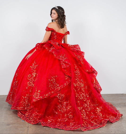 Quinceanera | Red Off-shoulder ball gown beaded applique bodice w/ sparkled glitter 3D flowers skirt and Lace-up back train | 2 Colors | Delfina dress back