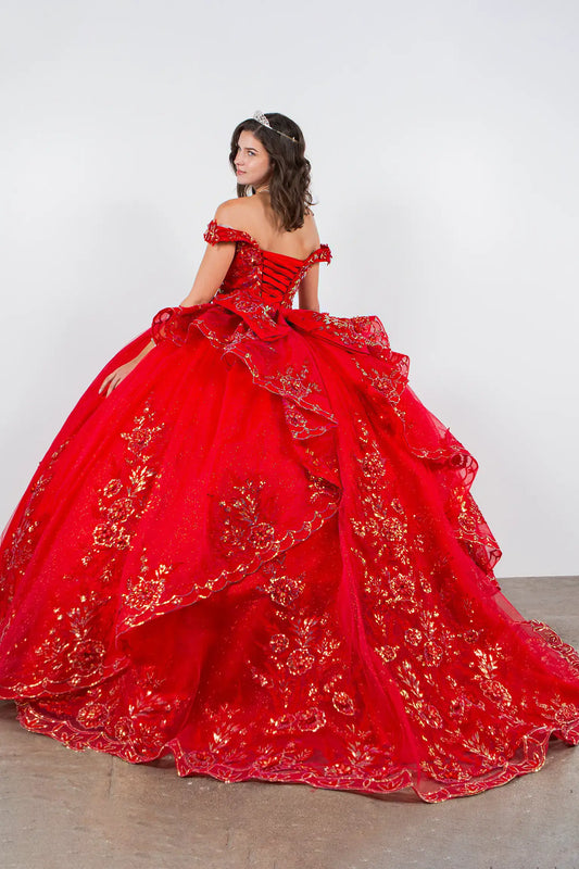 Red quince ball gown with floral embroidery and long train