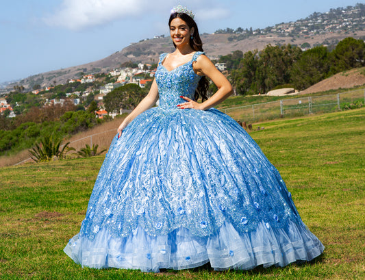Quinceanera | Blue Embroidered Ombre Tulle Skirt with Lace Appliqué Bodice and Sweep Train Sweet 15 Ballgown | Aaliyah J dress front