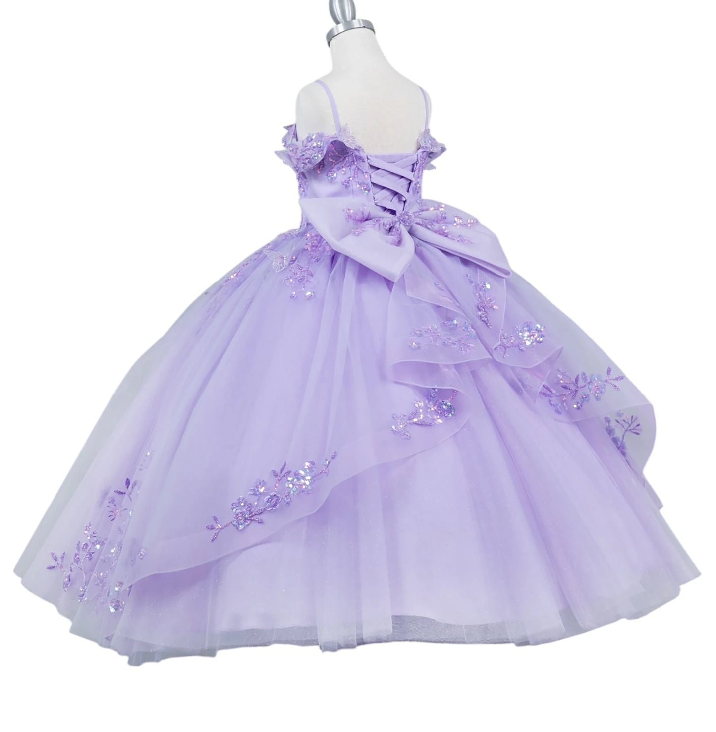 Lilac front view kids mini quinceañera mini quince dress with bead embroidered butterfly applique, floral lace and sweep train.