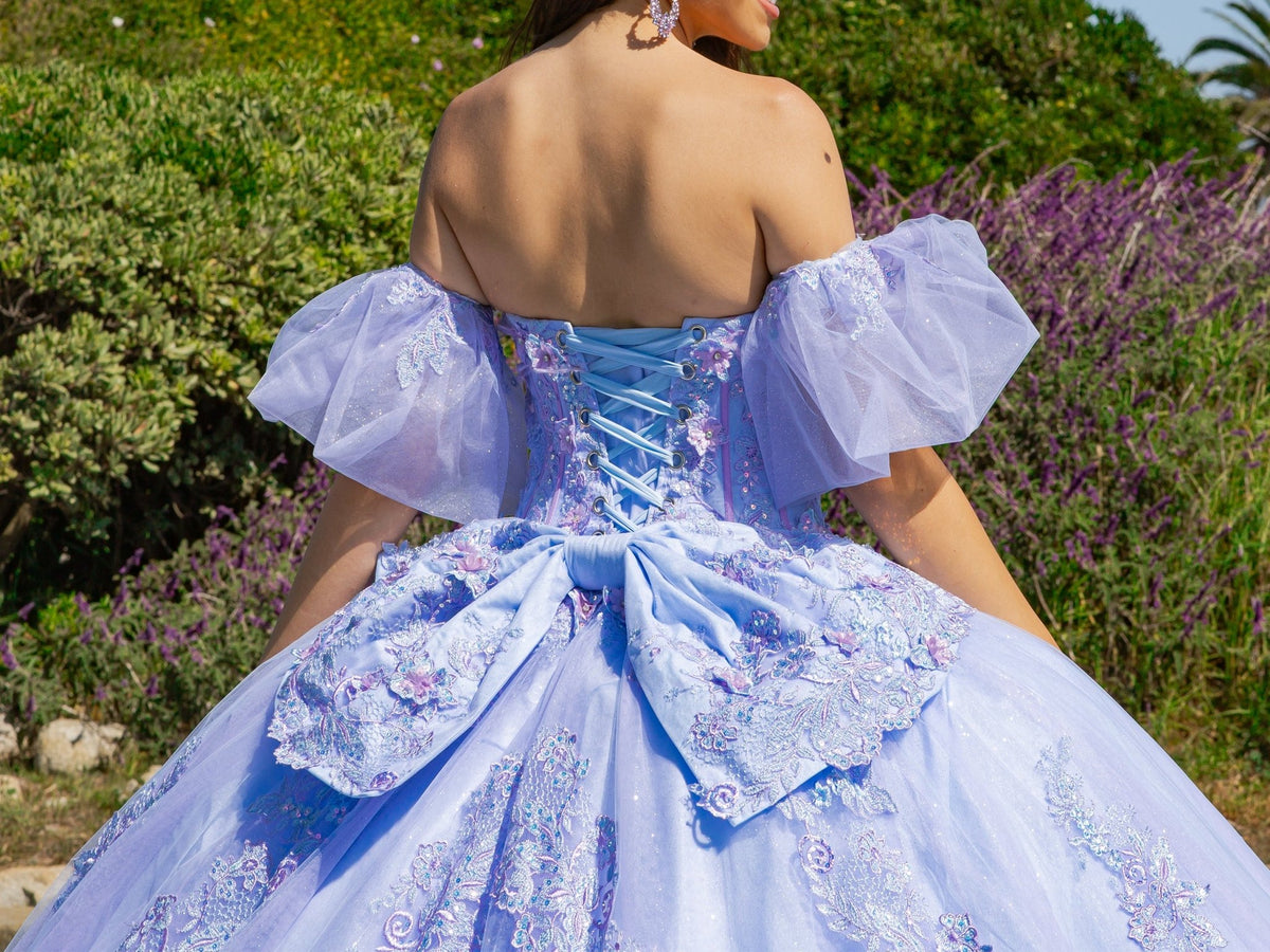 Back detail shows zoomed a lilac two-tone quinceanera ball gown with floral embroidery, puff sleeves, and lace-up closure.