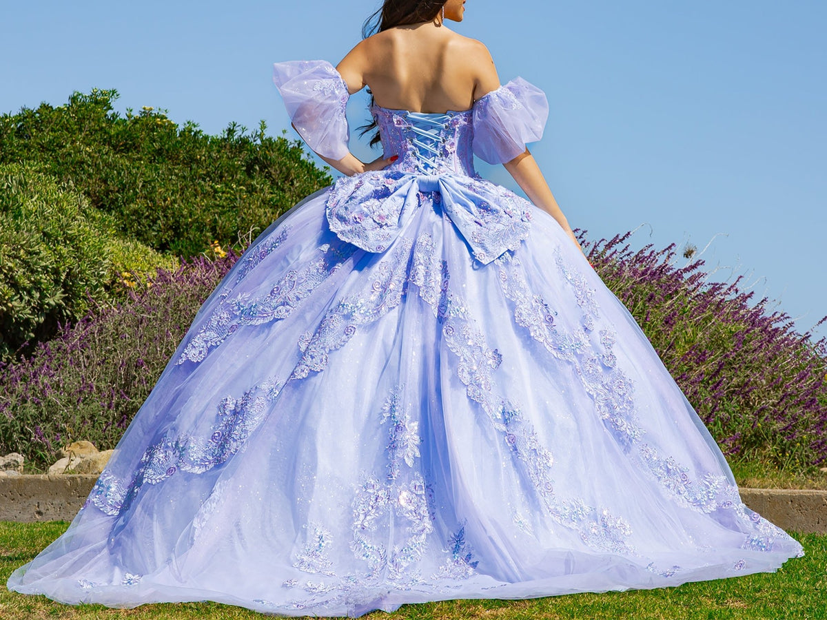 Rear view reveals lilac two-tone quinceanera ball gown with floral embroidery, detachable puff sleeves, and sweep train.