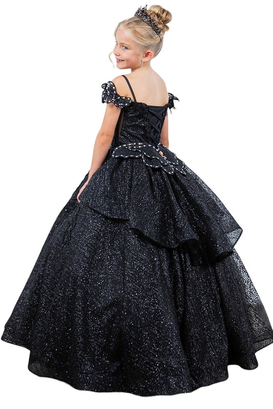 Black back view kids mini quinceañera ball gown with butterfly lace, beaded floral bodice and detachable tiered train