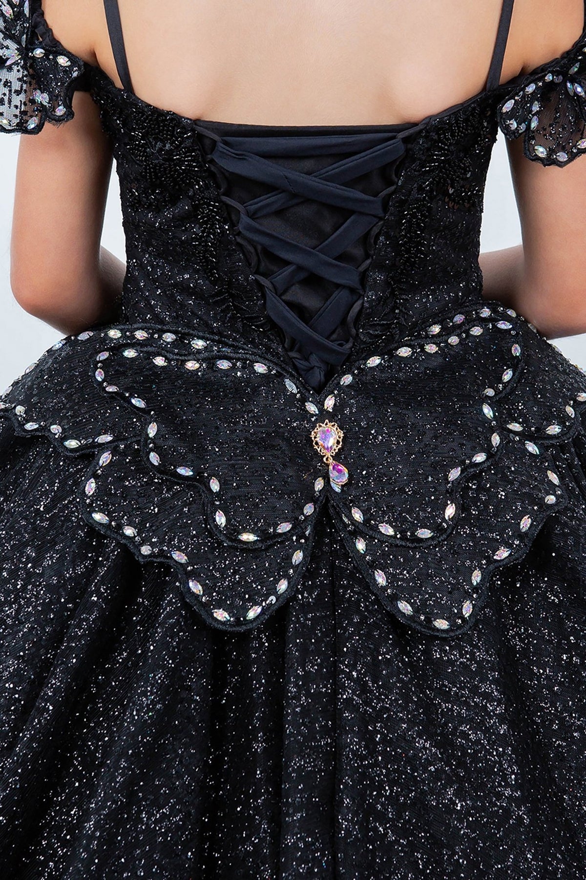 Rear view reveals black back zoom kids mini quinceañera mini quince dress with butterfly lace, beaded floral bodice.