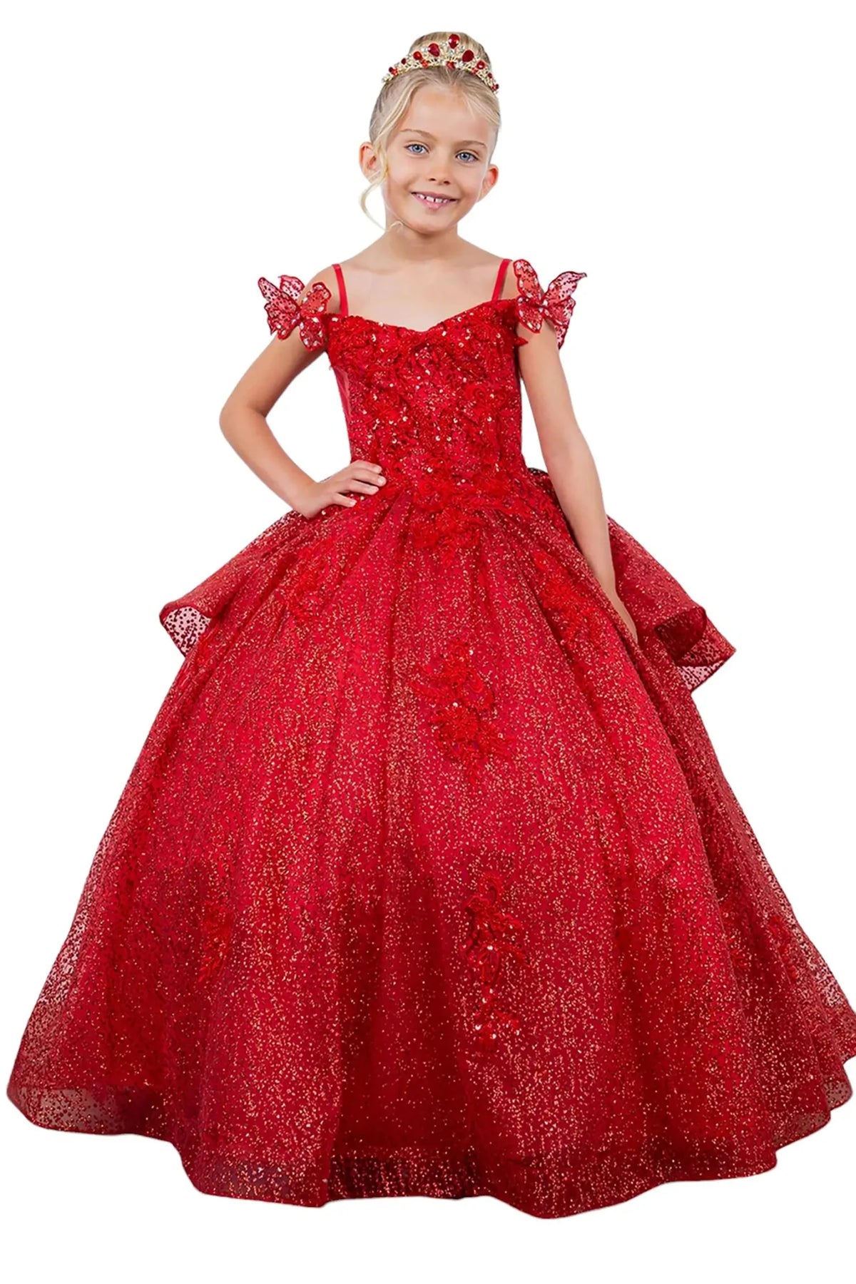 Bodice close-up highlights red kids mini quinceañera mini quince dress with butterfly lace, beaded floral bodice.