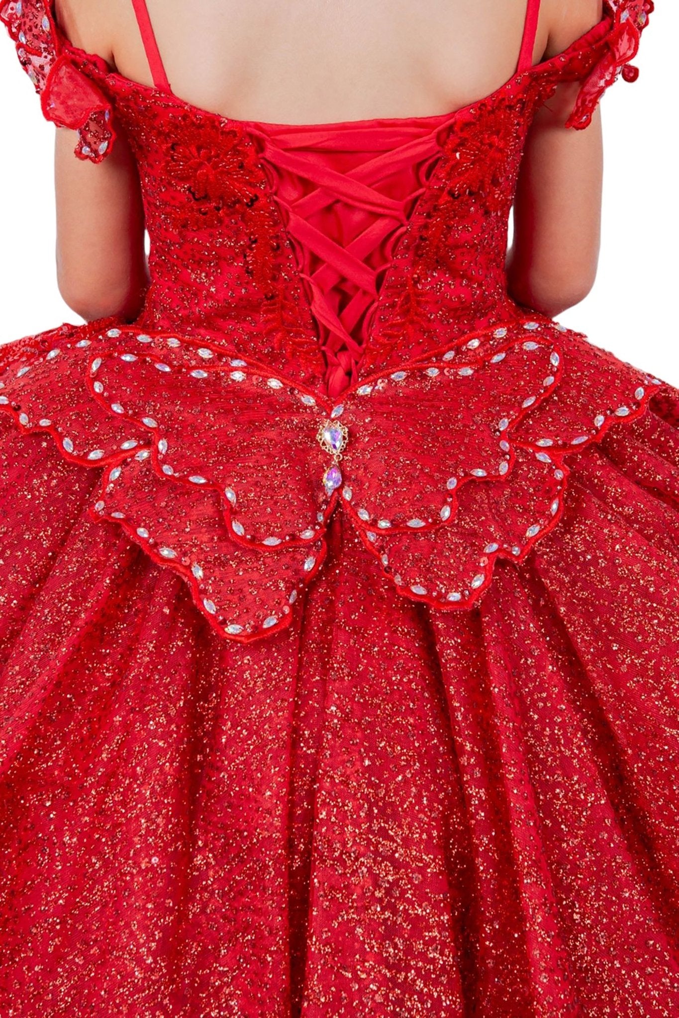Red back zoom kids mini quinceañera mini quince dress with butterfly lace, beaded floral bodice and detachable tiered train.