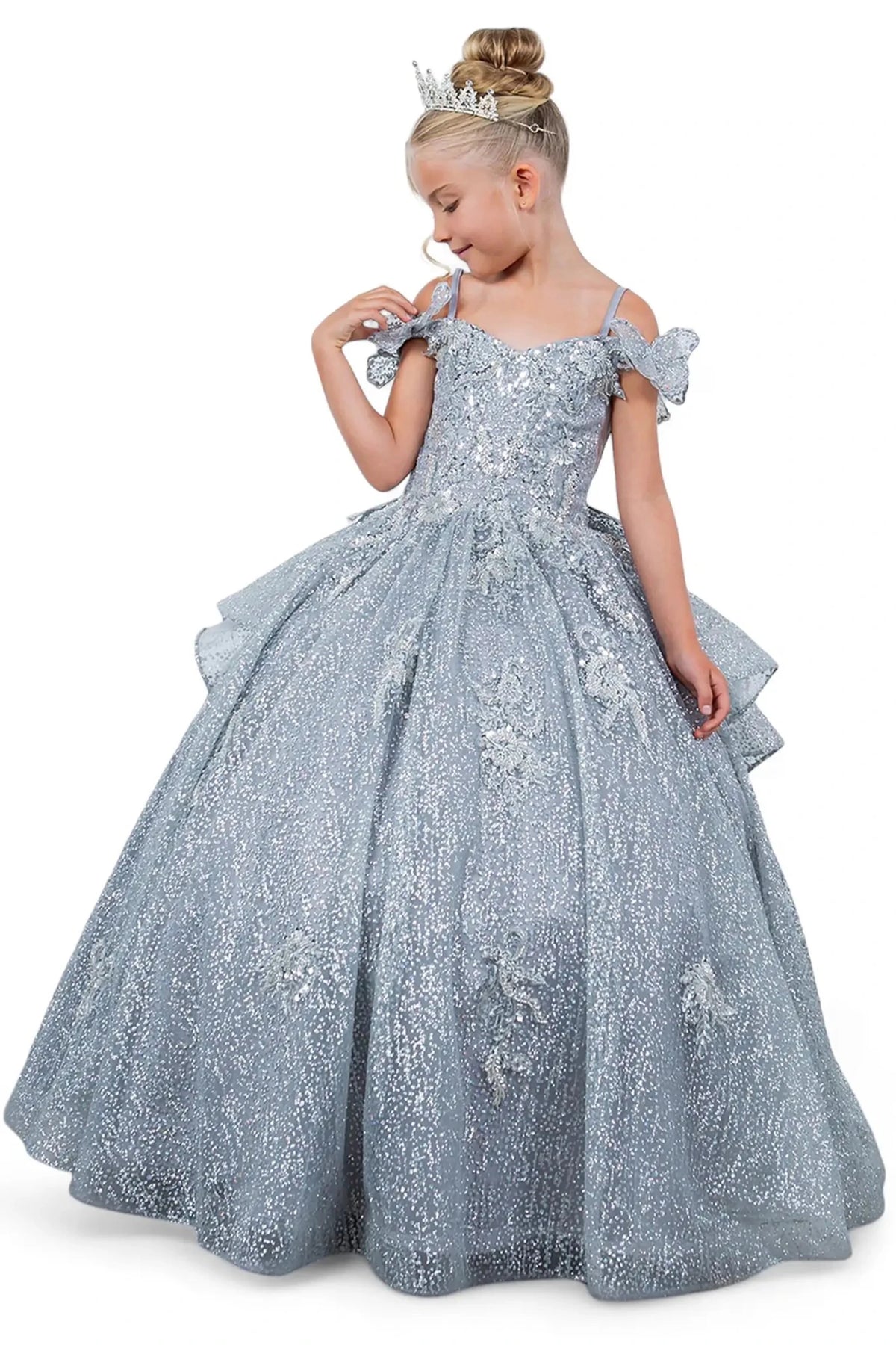 Bodice close-up highlights silver kids mini quinceañera mini quince dress with lace-up bodice, butterfly lace.
