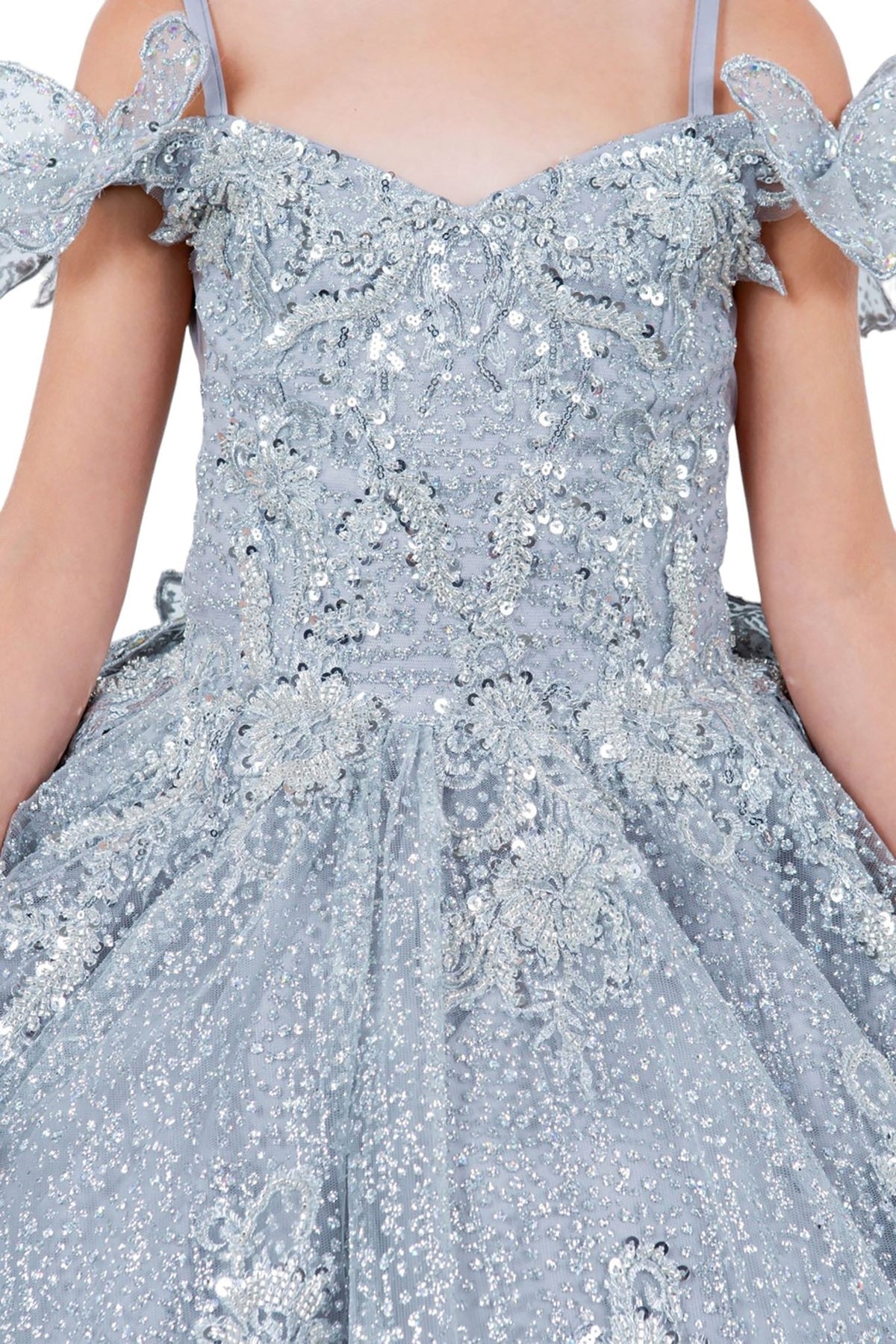 Intricate features stand out across silver front zoom kids mini quinceañera mini quince dress with butterfly lace, beaded floral.