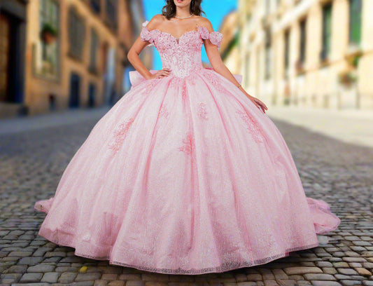 Quinceañera | Blush Off-Shoulder Beaded Bodice with Crafted Lace Butterfly and Floral Appliqué Sweet 15 Ballgown | Martina J dress | 8 Colors Available front view