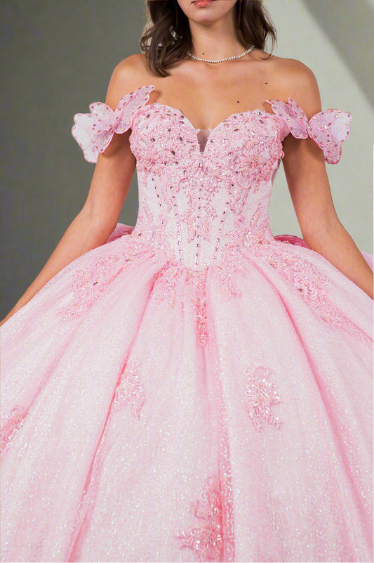 Quinceañera | Blush Off-Shoulder Beaded Bodice with Crafted Lace Butterfly and Floral Appliqué Sweet 15 Ballgown | Martina J dress | 8 Colors Available front zoom