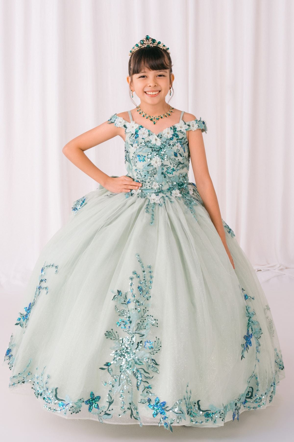 Sage Kids Mini Quinceanera Ball Gown Beaded Flower Appliques 12 / Sage