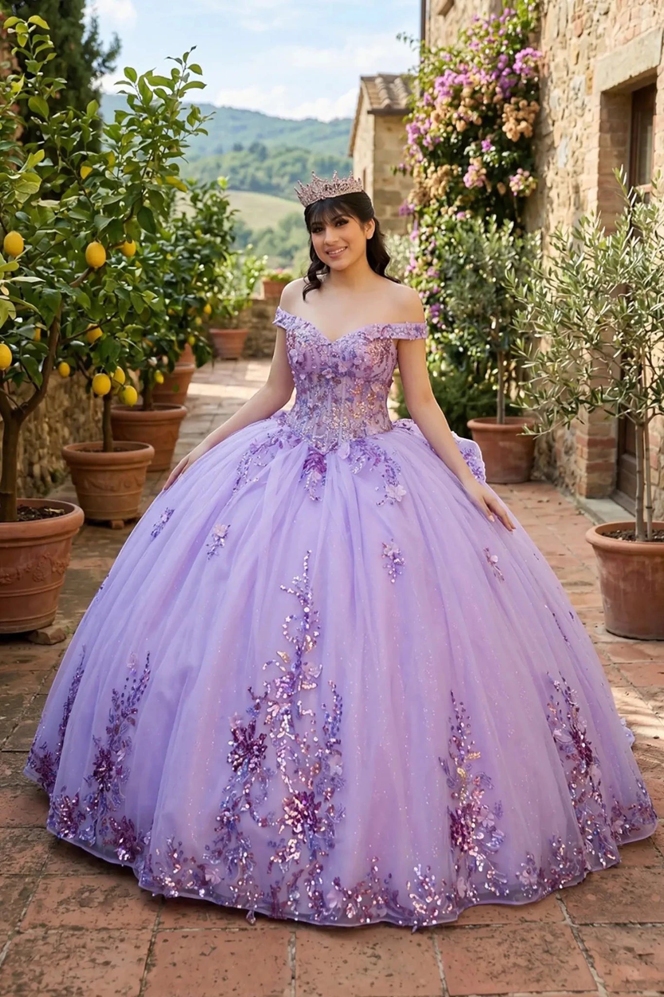 Lilac Quinceañera Dress with 7-Layer Skirt Floral Beaded Bodice XS / Lilac