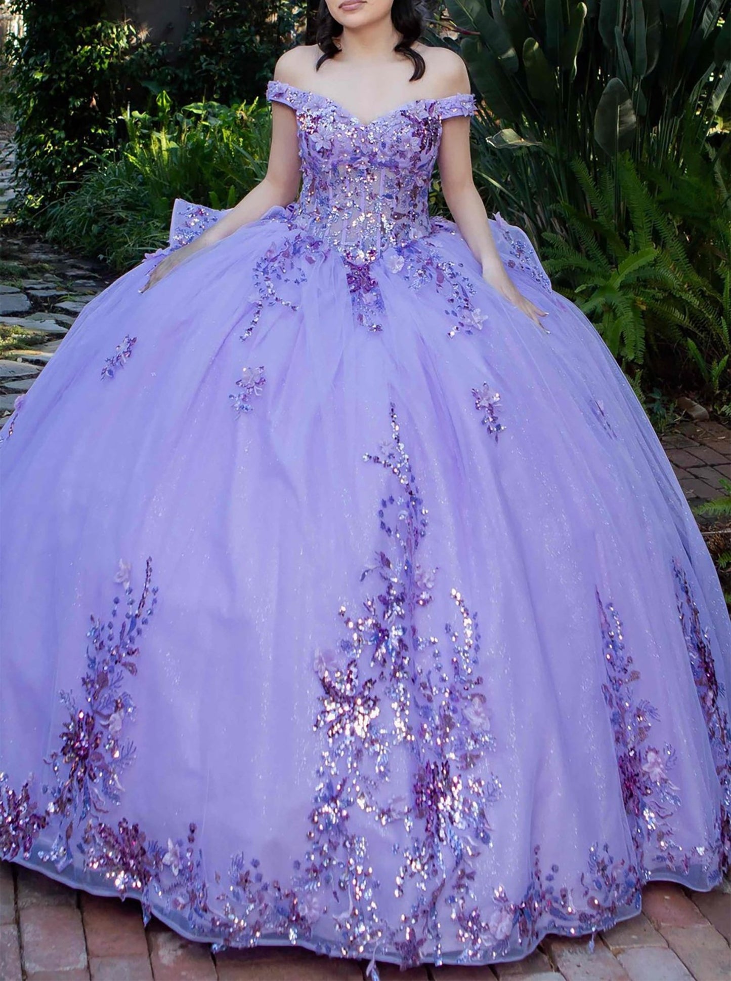 Quinceanera | Lilac 7-Layer Skirt, Off-Shoulder 3D Floral and Beaded Appliqué Bodice with Back Train Sweet 15 Ballgown | Samara J dress | 2 Colors Available front view