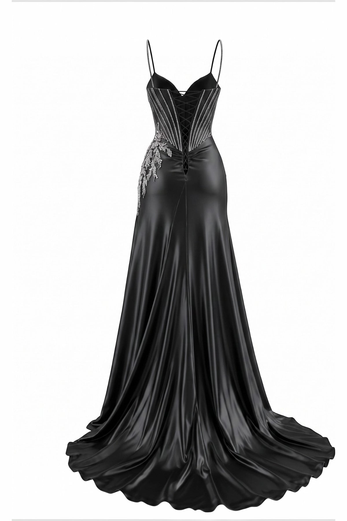Sweeping hem finishes the back of this Black prom and evening dress.