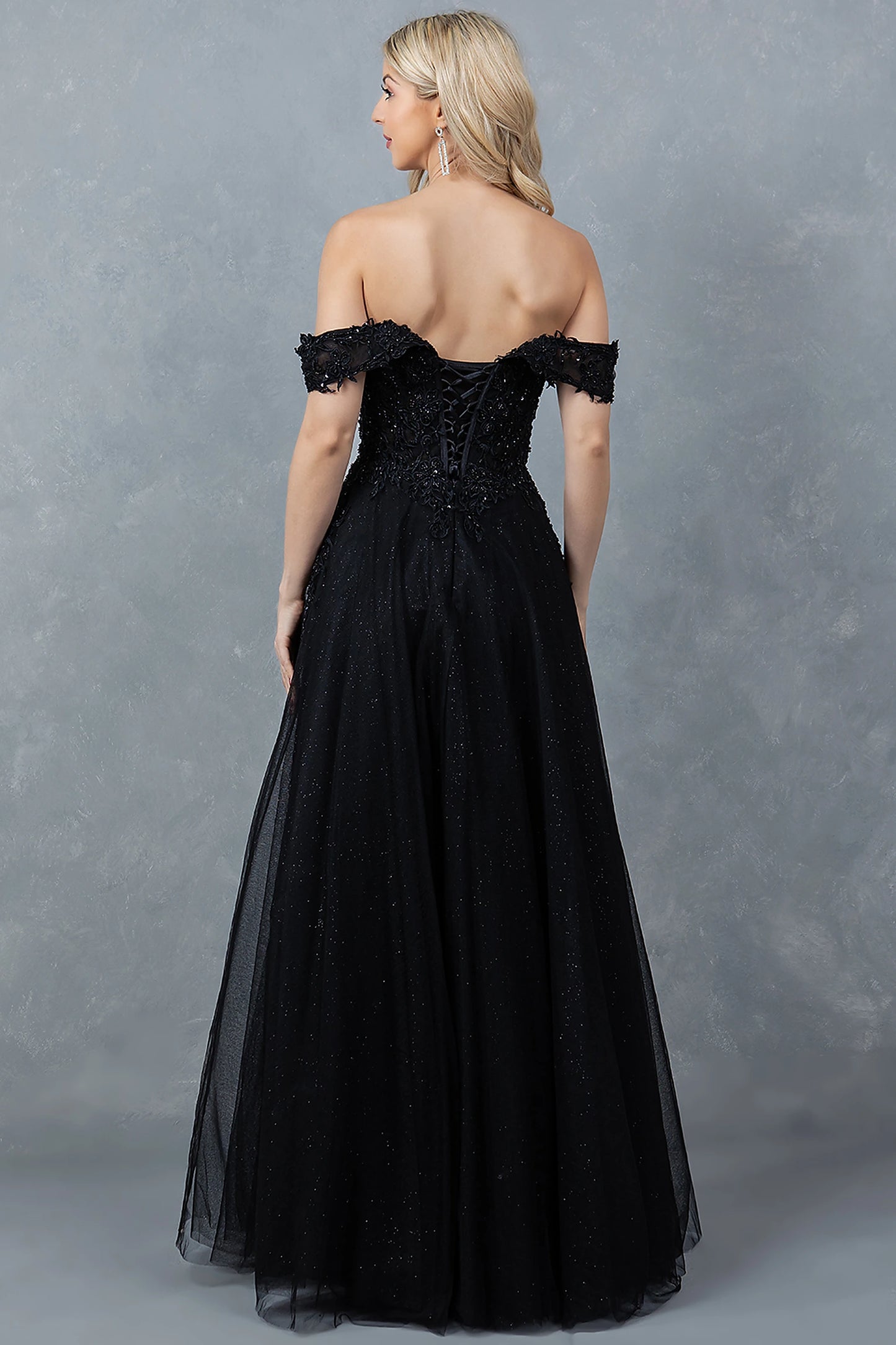 Black evening dress designed with corset lace-up back and zipper closure