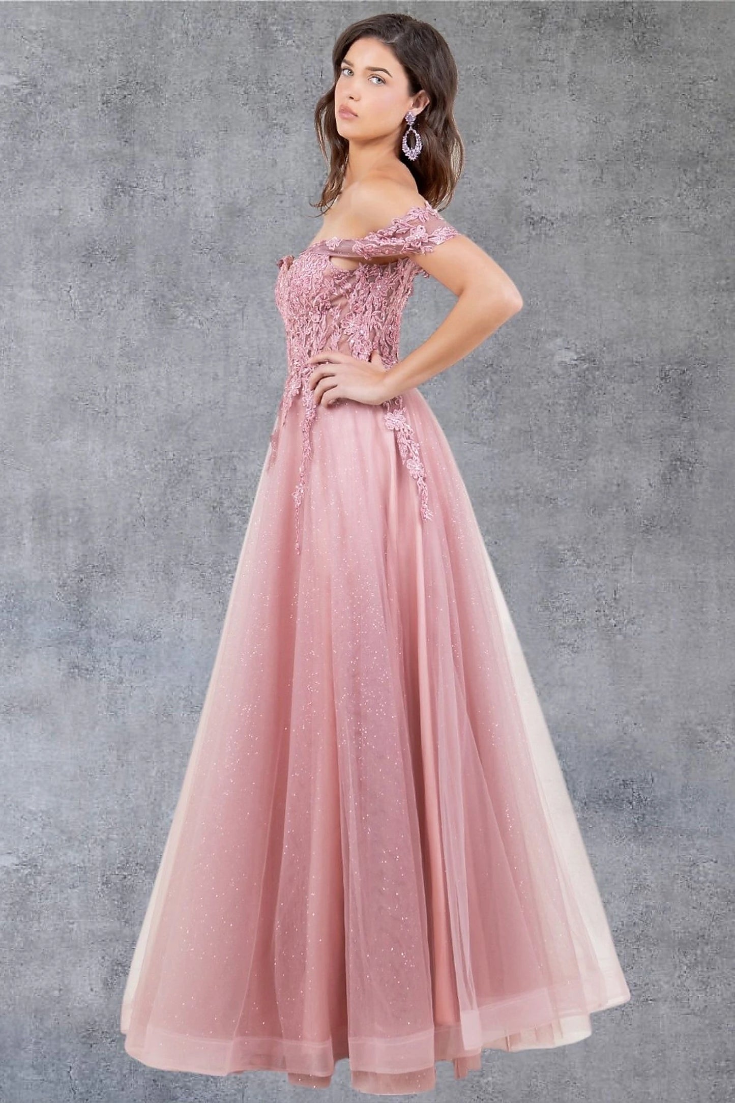 Dusty Rose evening dress styled with layered tulle construction and glitter accents