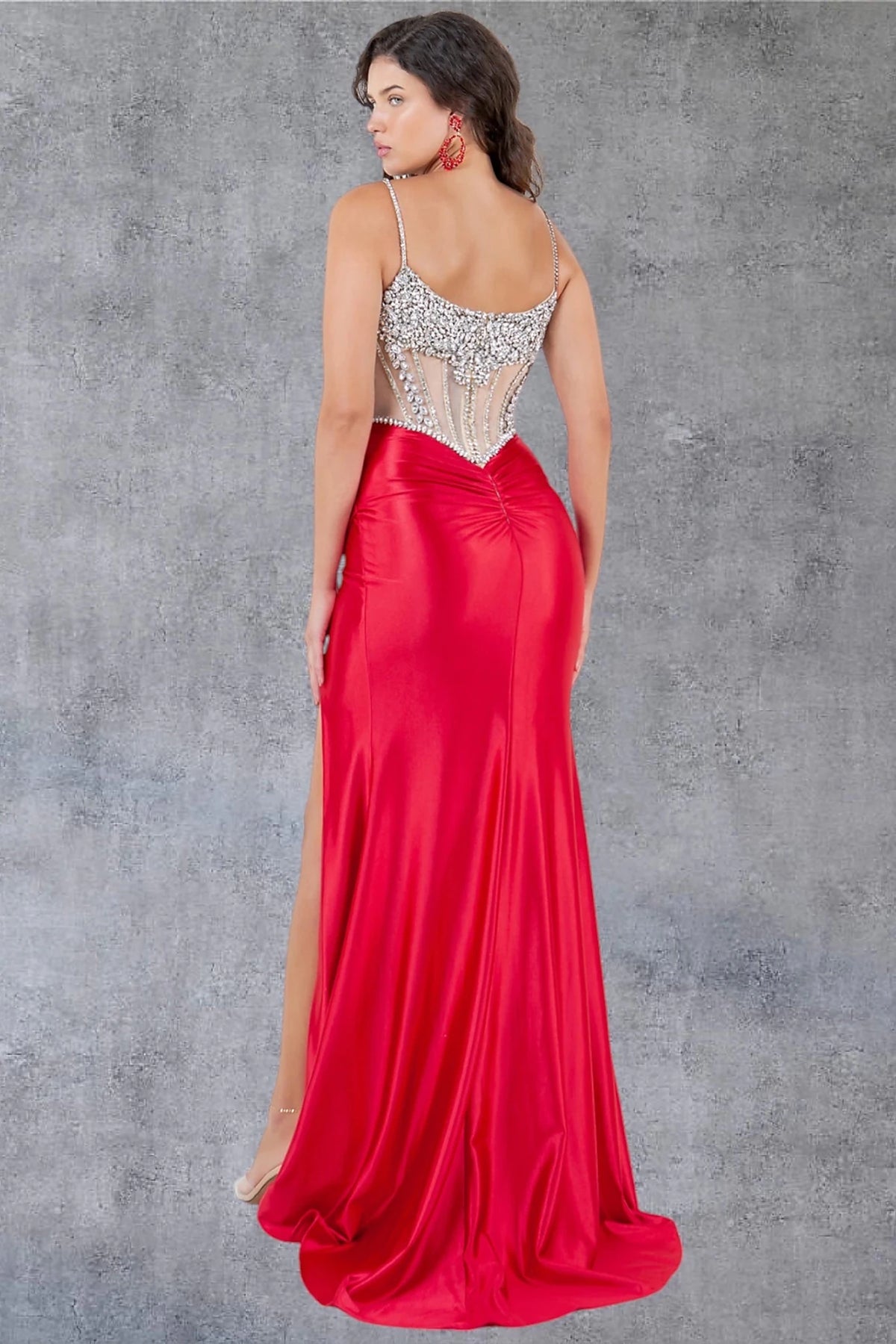 Rear view reveals red prom dress designed with zipper back closure.