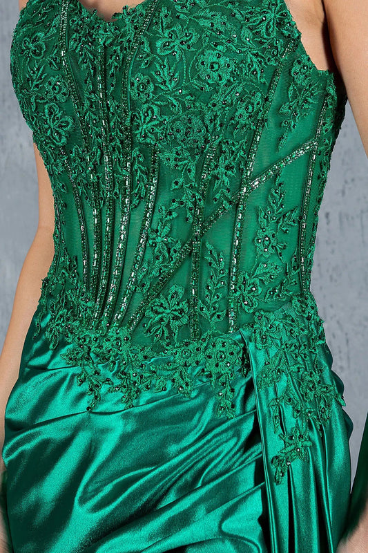Opulent Emerald Floral Lace Corset prom dress with Slit