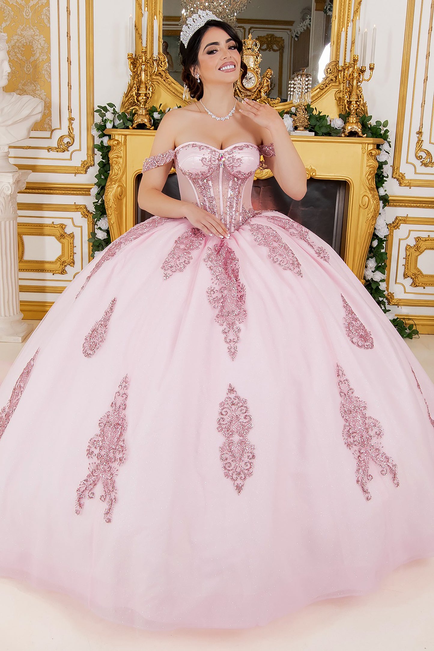 Quinceanera | Pink Off-Shoulder Jewel Long Tail Sweet 15 Ball own | Mirari J dress front view