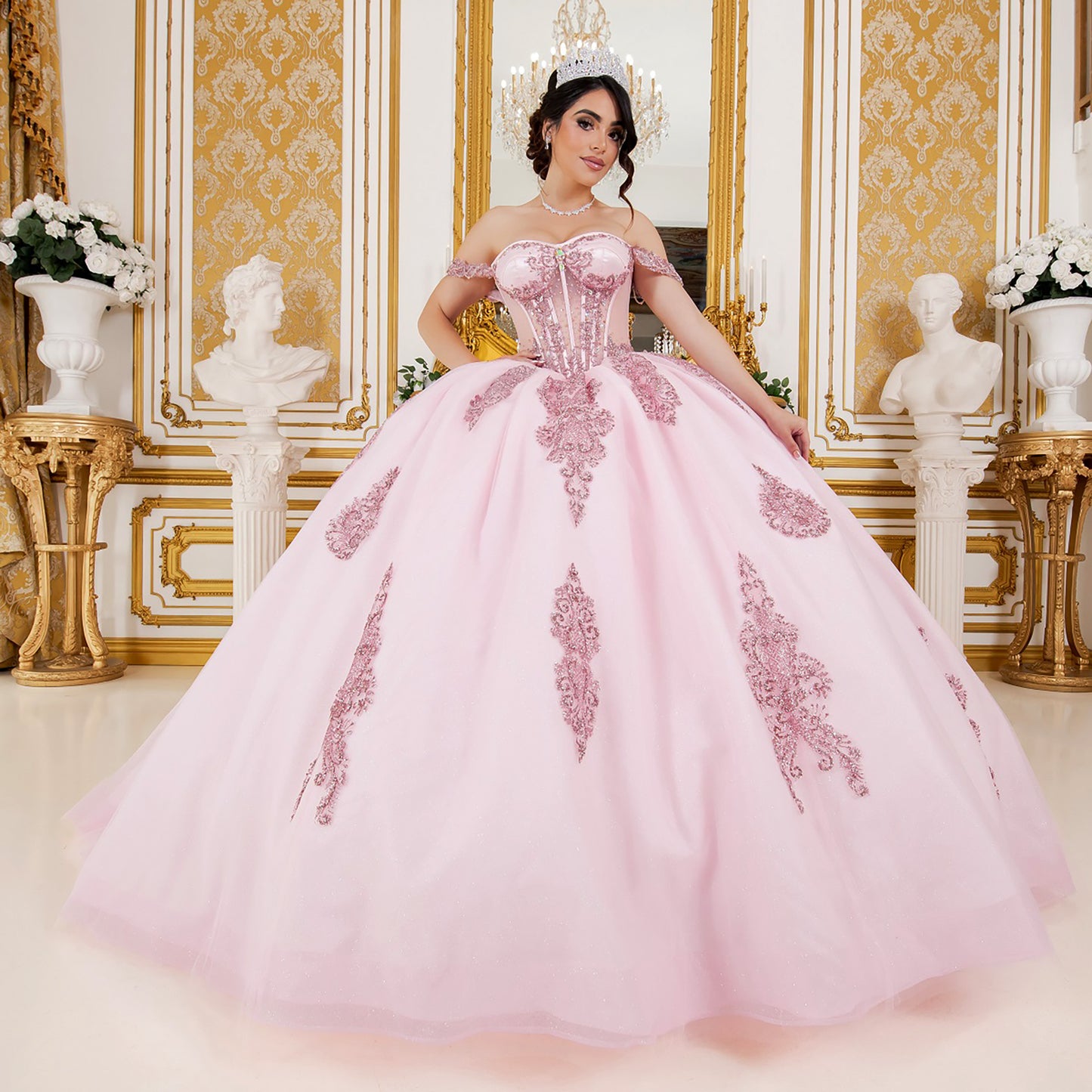 Quinceanera | Pink Off-Shoulder Jewel Long Tail Sweet 15 Ball own | Mirari J dress front whole view
