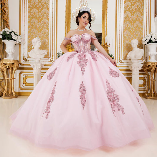 Quinceanera | Pink Off-Shoulder Jewel Long Tail Sweet 15 Ball own | Mirari J dress front whole view