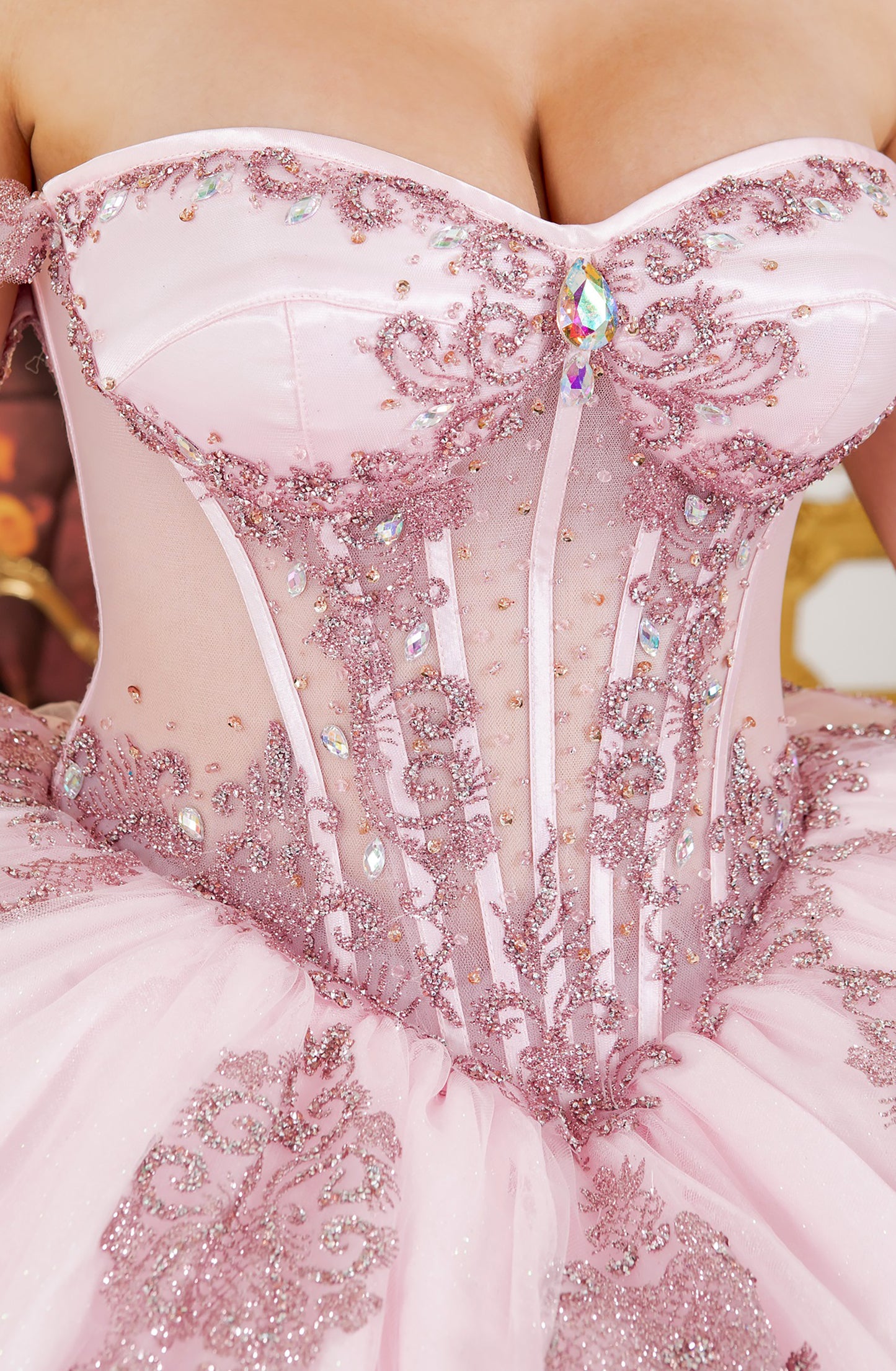 Quinceanera | Pink Off-Shoulder Jewel Long Tail Sweet 15 Ball own | Mirari J dress jewel detail