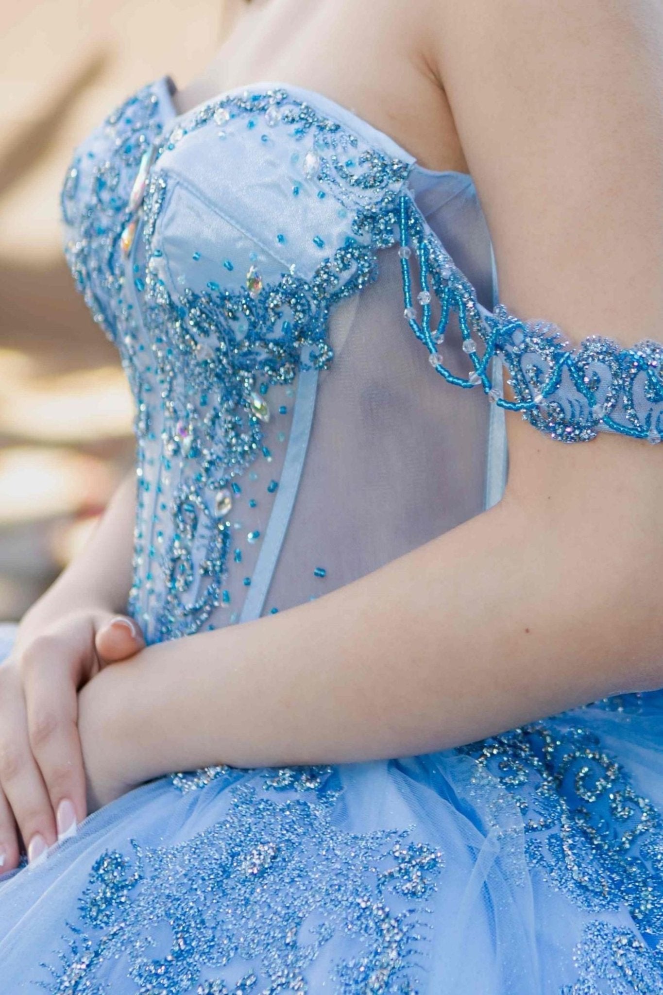 Quinceanera | Blue Off-Shoulder Jewel Long Tail Sweet 15 Ball Gown | Mirari J dress | 2 Colors Available side zoom