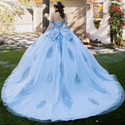 Quinceanera | Blue Off-Shoulder Jewel Long Tail Sweet 15 Ball Gown | Mirari J dress | 2 Colors Available back view
