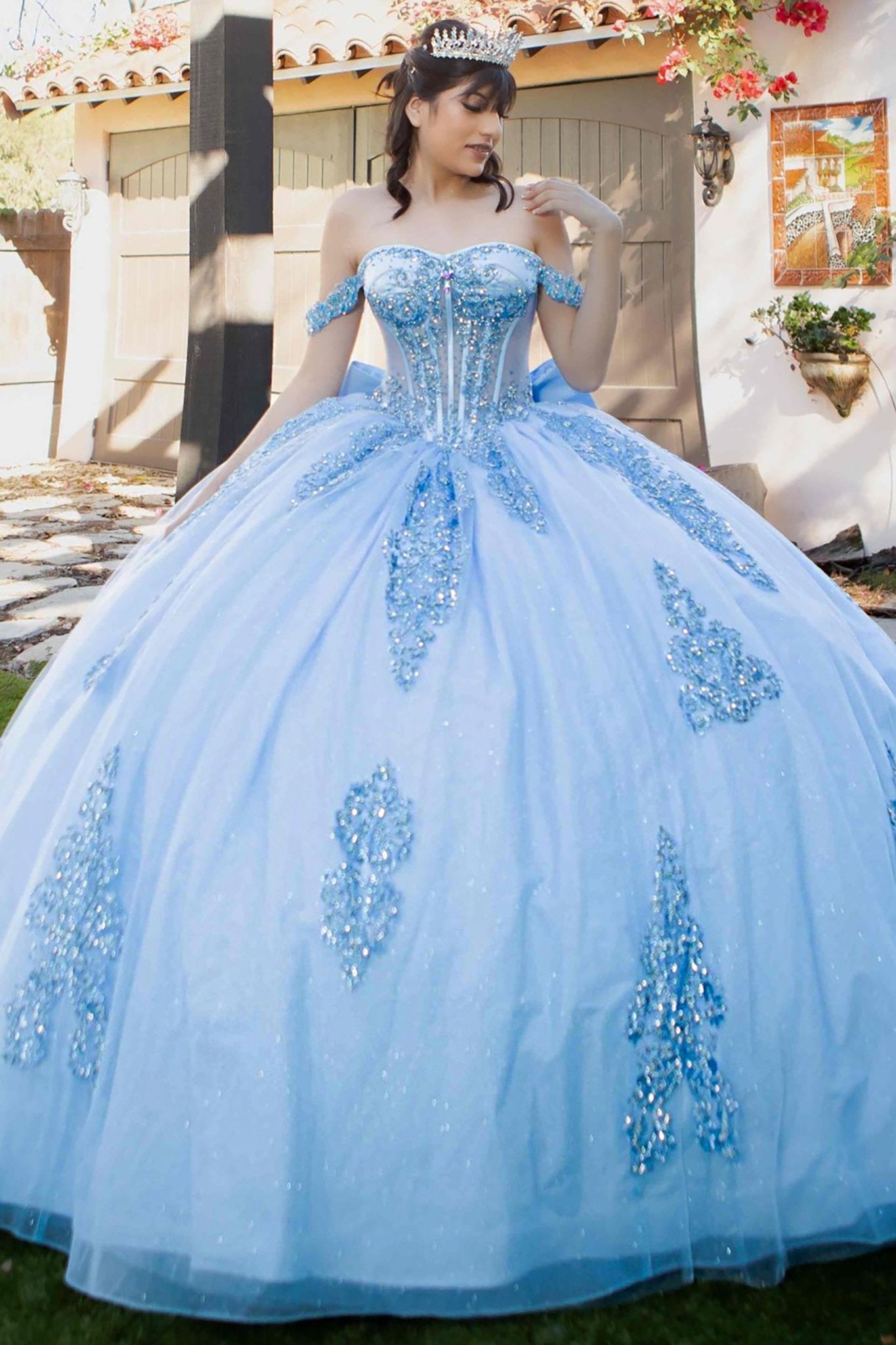 Light Blue Quinceañera Dress with Extra Big Bow Jewel Long Tail 2XL / Light Blue