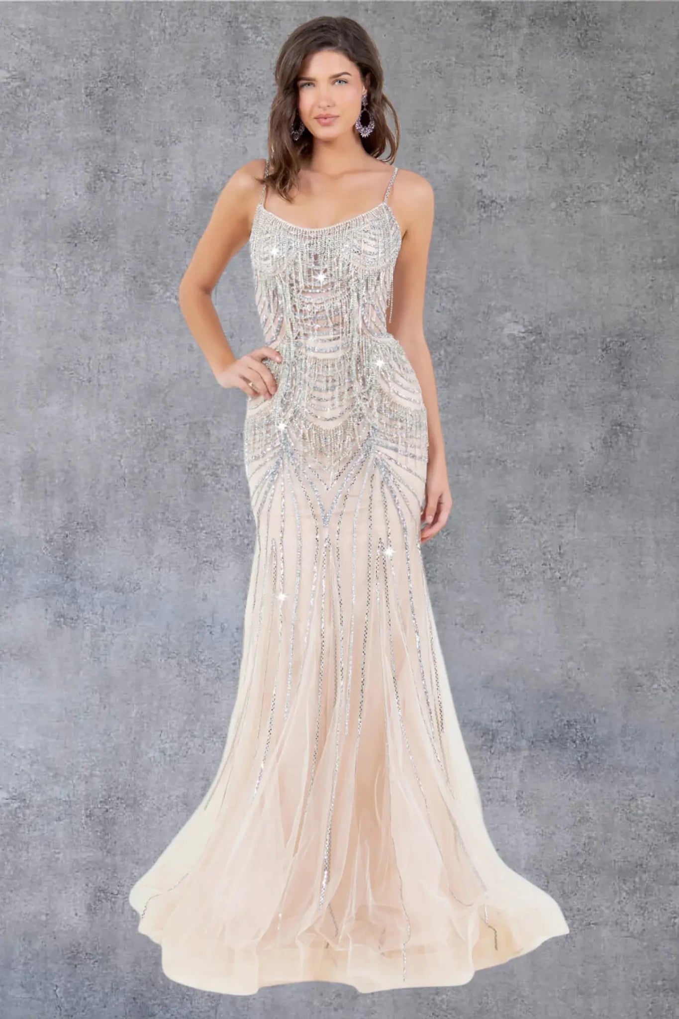 Nude Champagne Beaded Evening Dress – American Stride