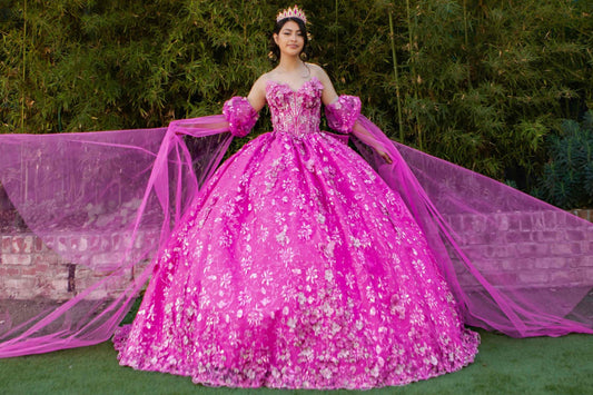 Quinceanera | Fuchsia Ball Gown with Detachable Sheer Puff Sleeve & Flowing Cape Extension | Yoselin dress | 2 Colors Available front