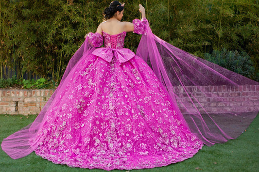 Quinceanera | Fuchsia Ball Gown with Detachable Sheer Puff Sleeve & Flowing Cape Extension | Yoselin dress | 2 Colors Available back