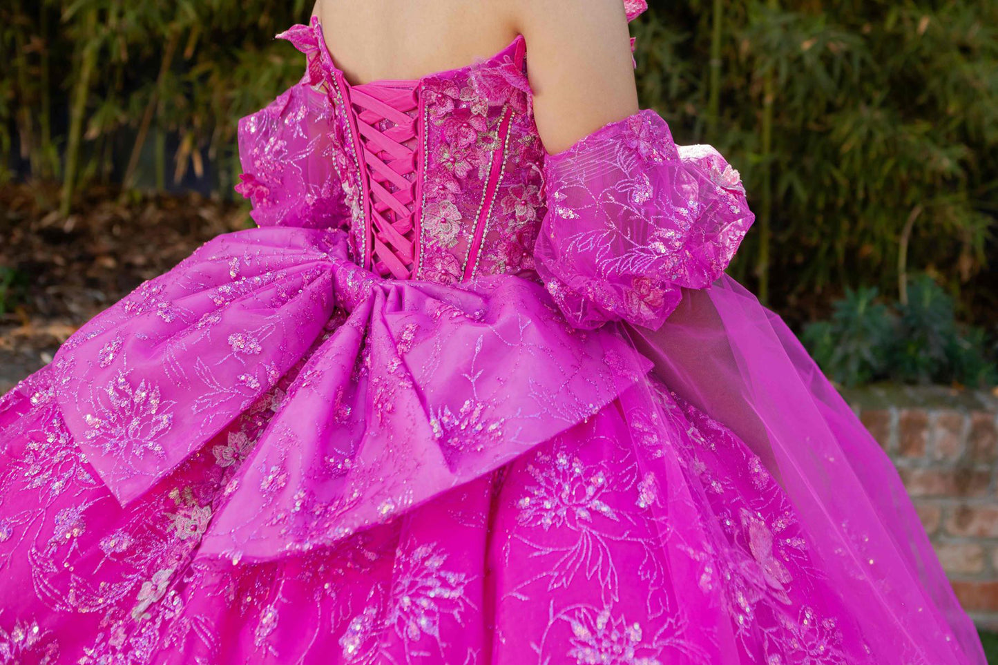Quinceanera | Fuchsia Ball Gown with Detachable Sheer Puff Sleeve & Flowing Cape Extension | Yoselin dress | 2 Colors Available back zoom