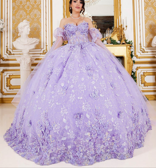 Quinceanera | Lilac Ball Gown with Detachable Sheer Puff Sleeve & Flowing Cape Extension | Yoselin dress | 2 Colors Available front view