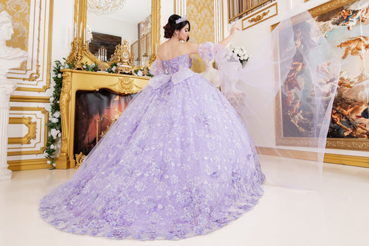 Quinceanera | Lilac Ball Gown with Detachable Sheer Puff Sleeve & Flowing Cape Extension | Yoselin dress | 2 Colors Available back view