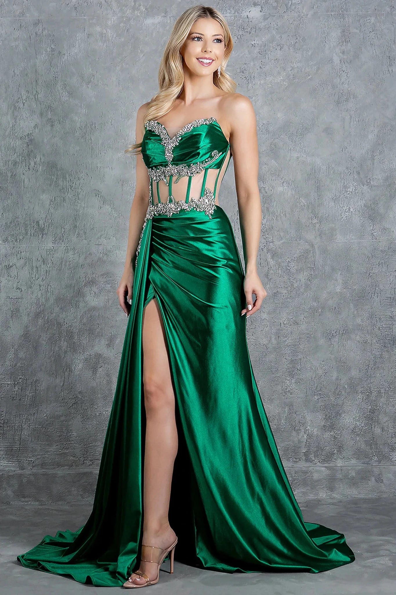 Emeral Green prom dress completed with floor-length silhouette and sweeping train