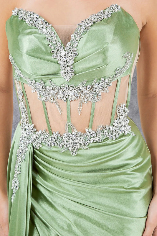 Luxurious Sage Strapless Crystal Satin prom dress with Slit